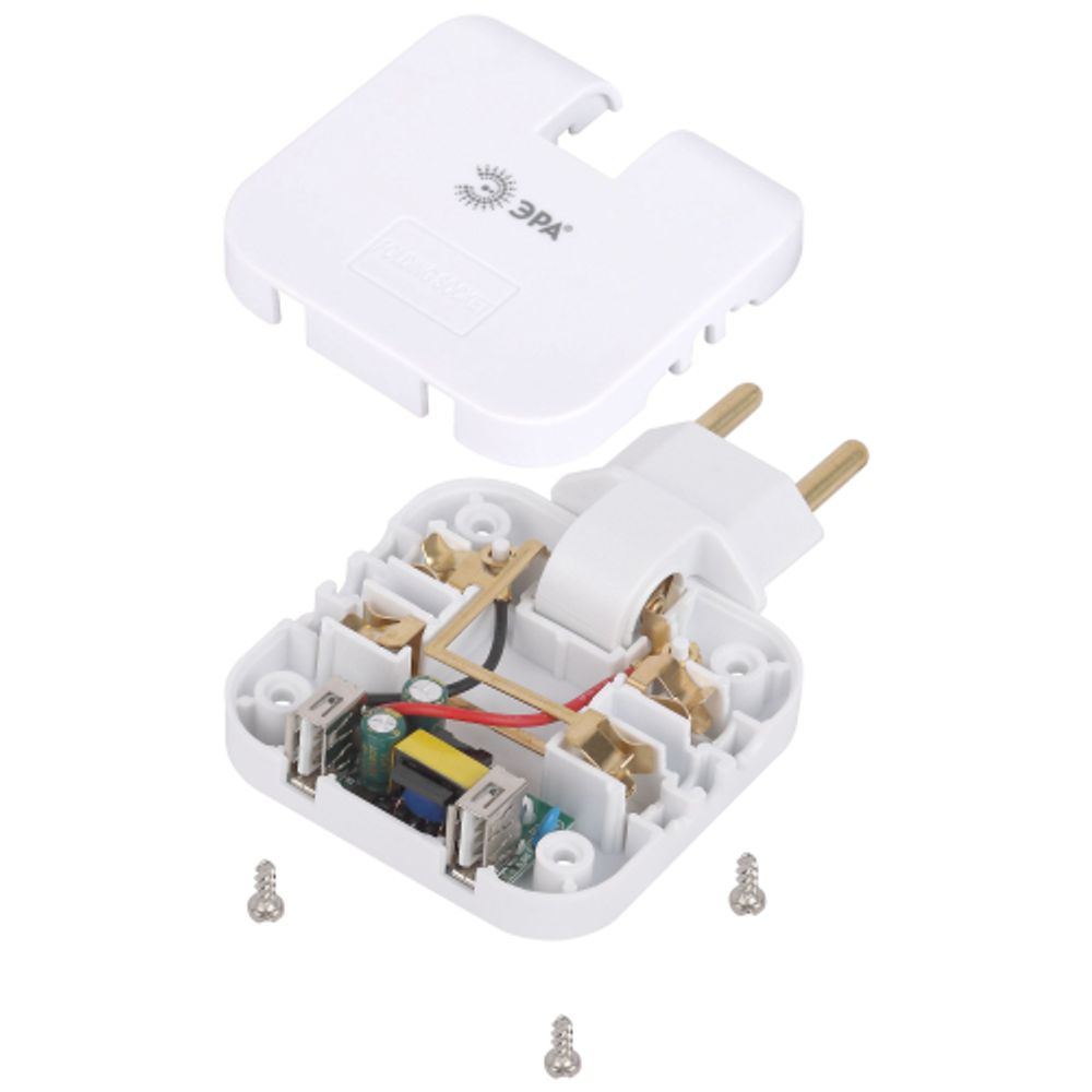 Разветвитель электрический ЭРА SPF-2-FL-USB поворотный на 2 розетки + 2USB 10А белый