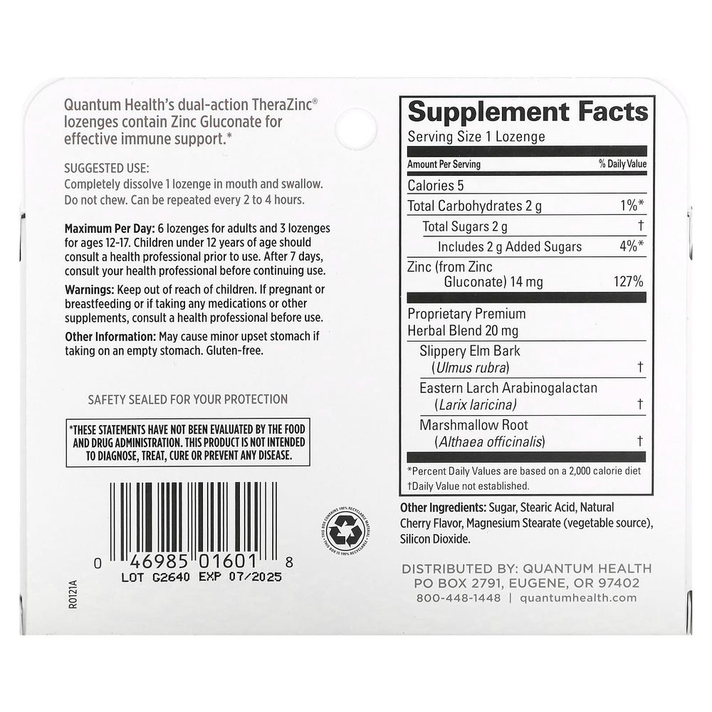 Quantum Health, TheraZinc, поддержка иммунитета, вишня, 24 пастилки