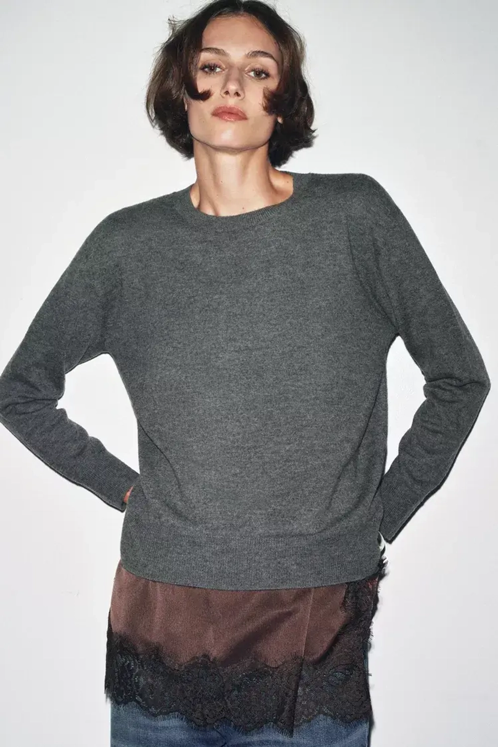 ZARA СВИТЕР ИЗ 100% ЭКСТРАМЯГКОЙ ШЕРСТИ, ТЕМНО-СЕРЫЙ