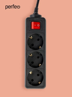 Сетевой удлинитель Perfeo с кнопкой POWERMATE PF-PM-3/3,0-B, 3,0м, 3 розетки, черный