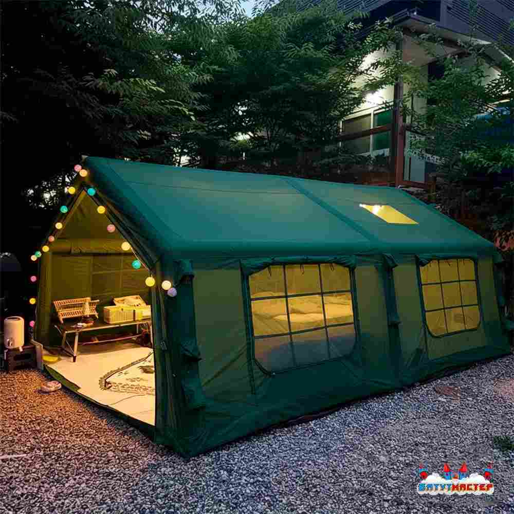Пневмокаркасная всесезонная палатка «Тёплая Искра» 3,6×4,8×2,2 м — с печкой, из ПВХ, зелёная