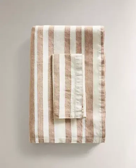 ZARA HOME ЛЬНЯНАЯ СКАТЕРТЬ В ПОЛОСКУ, СВЕТЛО-БЕЖЕВЫЙ
