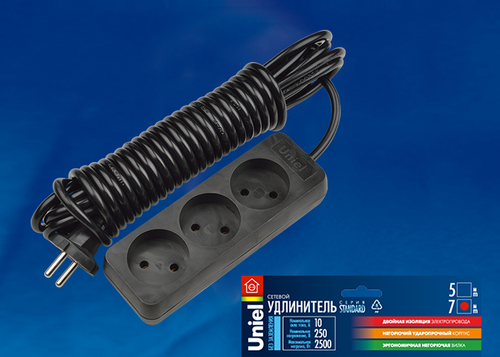 S-CD3-3 BLACK Удлинитель серии Standart, шнур 3м., 3 гнезда, б/з. Черный. TM Uniel.