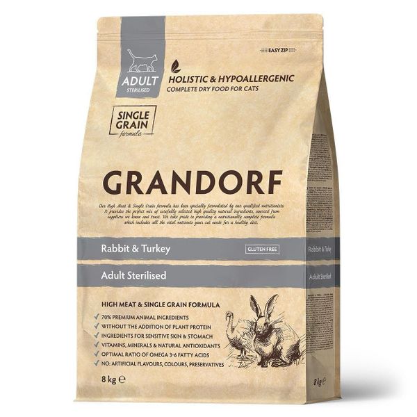 Сухой корм Grandorf CAT Rabbit&Turkey STERILISED для стерилизованных кошек, кролик с индейкой