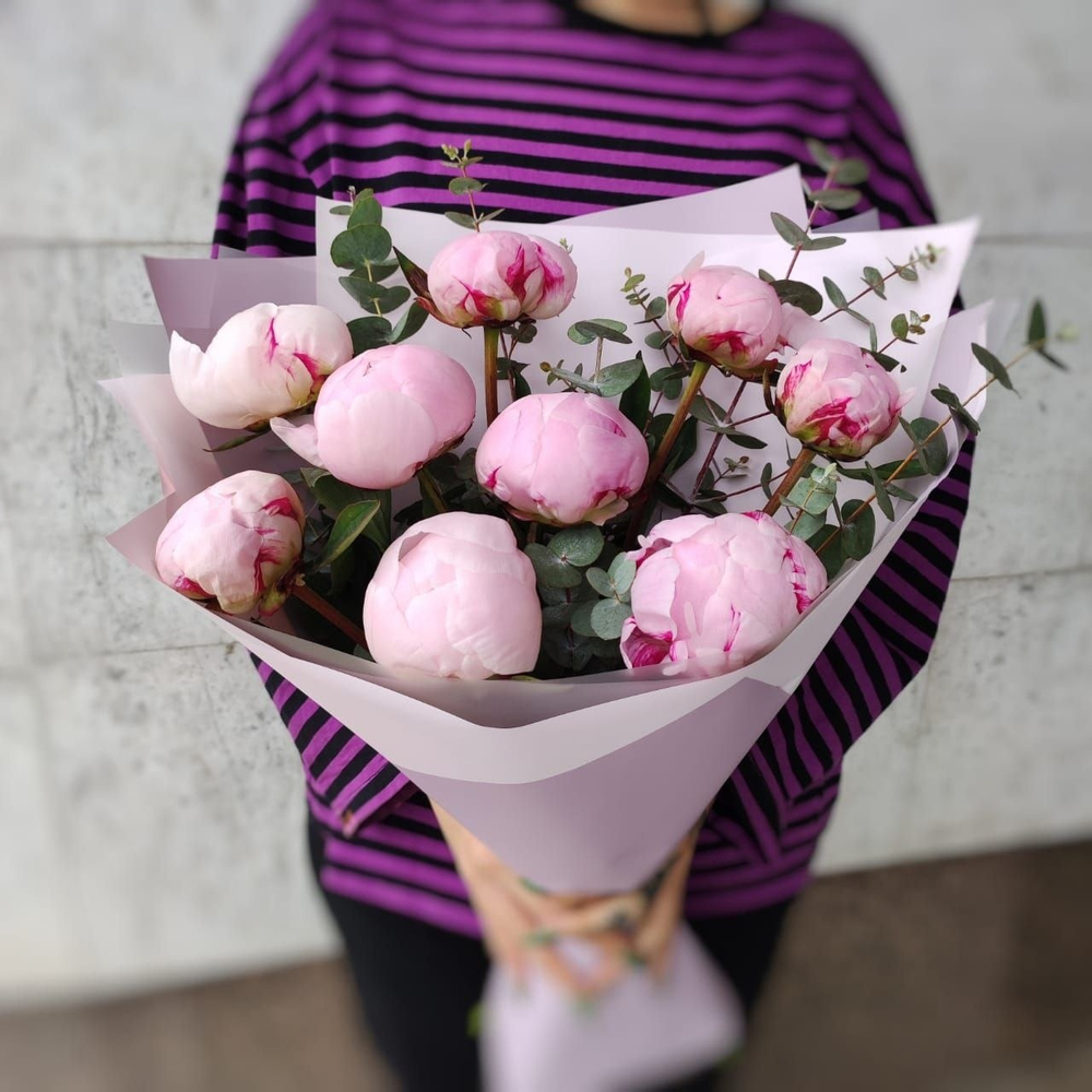 9 пионов "Сара Бернар" с эвкалиптом