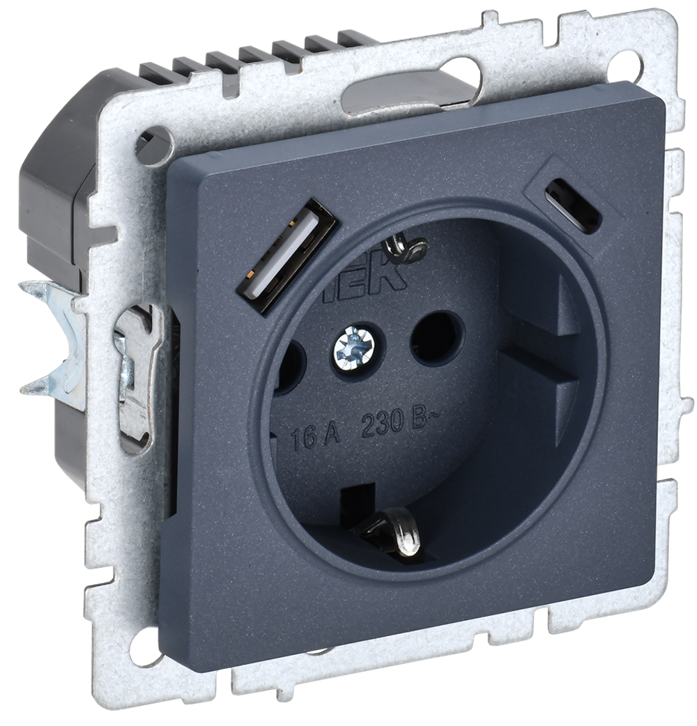BRITE Розетка 1-местная с заземлением с защитными шторками 16А с USB A+C 18Вт РЮш11-1-БрМ маренго IEK