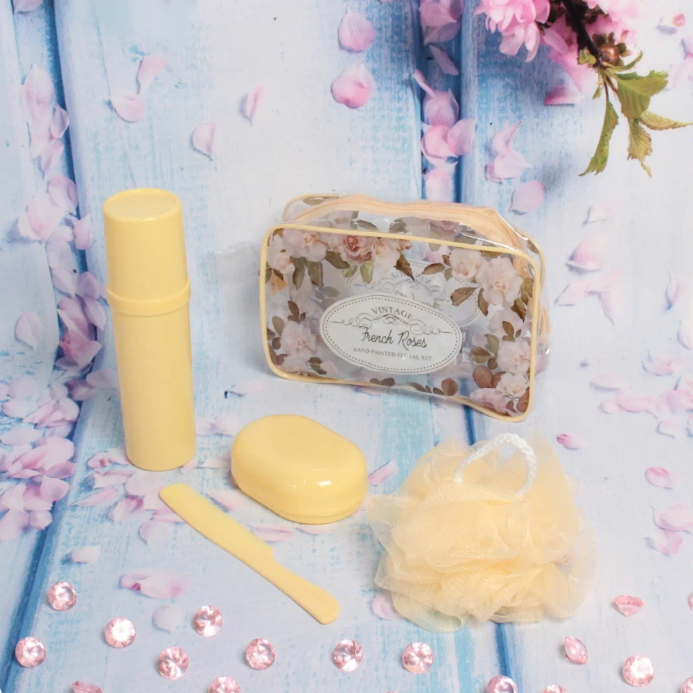 Набор банный дорожный 4шт «Traveler - Цветы», цв айвори, (мочалка, футляр 2шт, расческа), 22*15*6