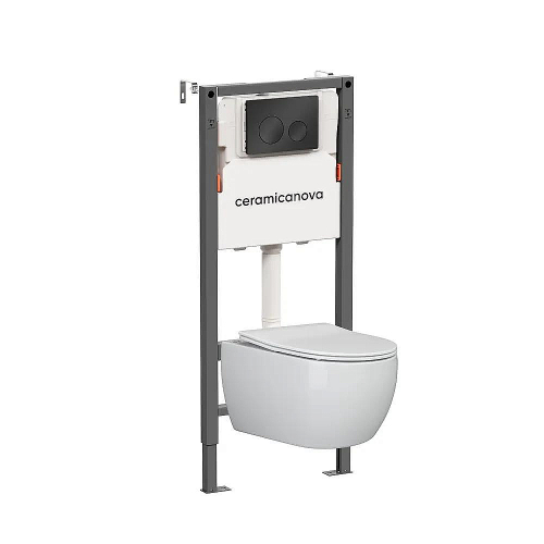 Унитаз подвесной Ceramica Play CN3001 белый, безободковый, с инсталляцией Balance CN121001MB и кнопкой Circle черный матовый