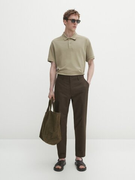 Massimo Dutti Поло из рельефного хлопкового пике, хаки с эффектом потертости