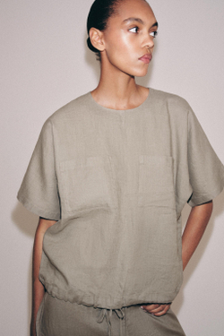 ZARA ТОП ИЗ 100% ЛЬНА НА ШНУРКАХ — ZW COLLECTION, СЕРОВАТО-КОРИЧНЕВЫЙ