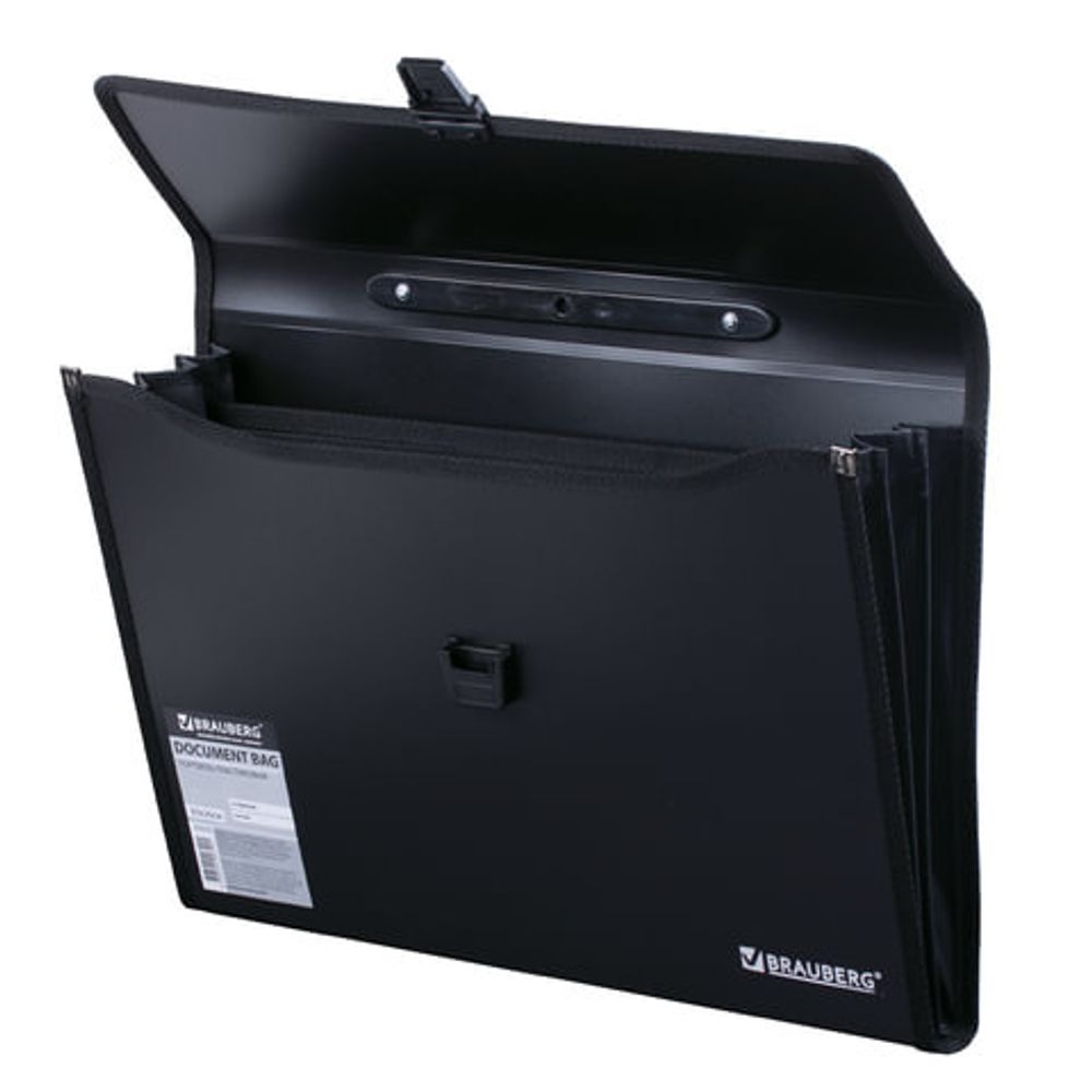 Папка-портфель пластиковая BRAUBERG А4+ (390х260х40 мм), 3 отделения, фактура линейная, черная, 221389
