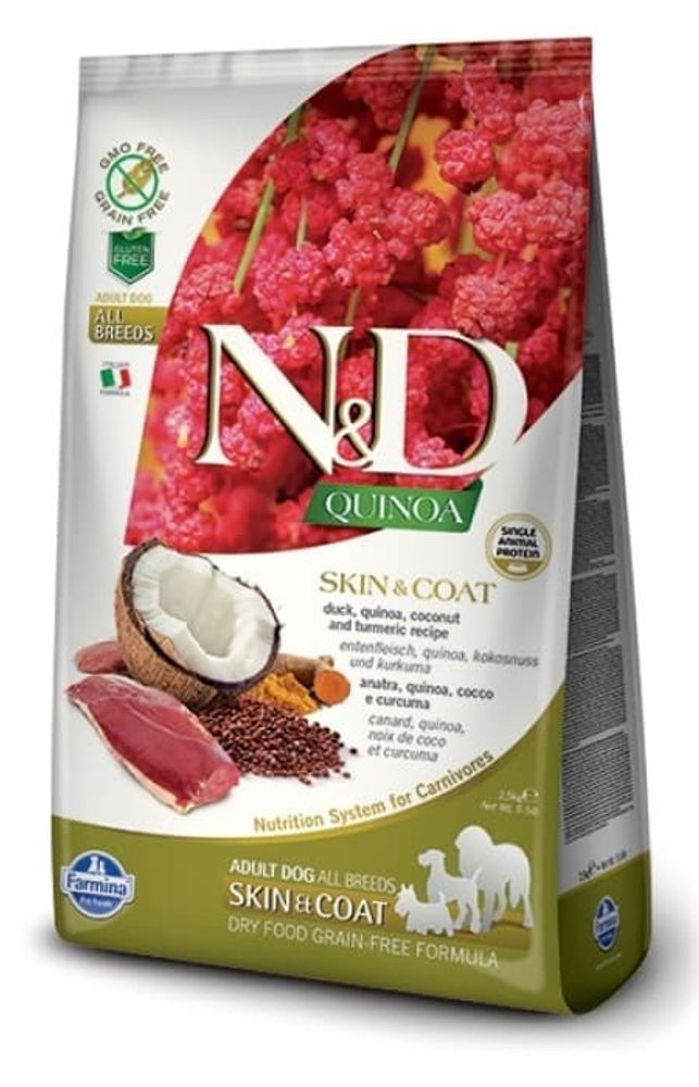 N&amp;D Quinoa 2,5кг корм для взрослых собак с уткой, уход за кожей и шерстью