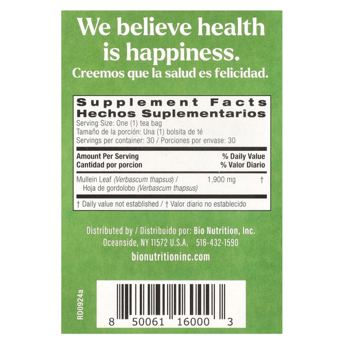 Bio Nutrition, Чай из листьев коровяка, без кофеина, 30 чайных пакетиков, 57 г (2,01 унции)