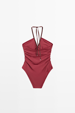 Massimo Dutti Купальник с контрастной отделкой и сборками, розовый
