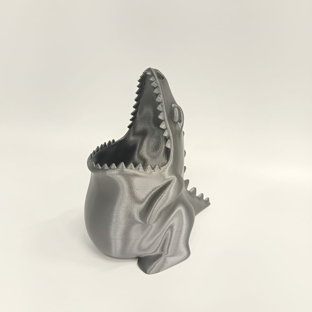 Подставка для карандашей голодный Динозаврик, серебристый, 3D печать