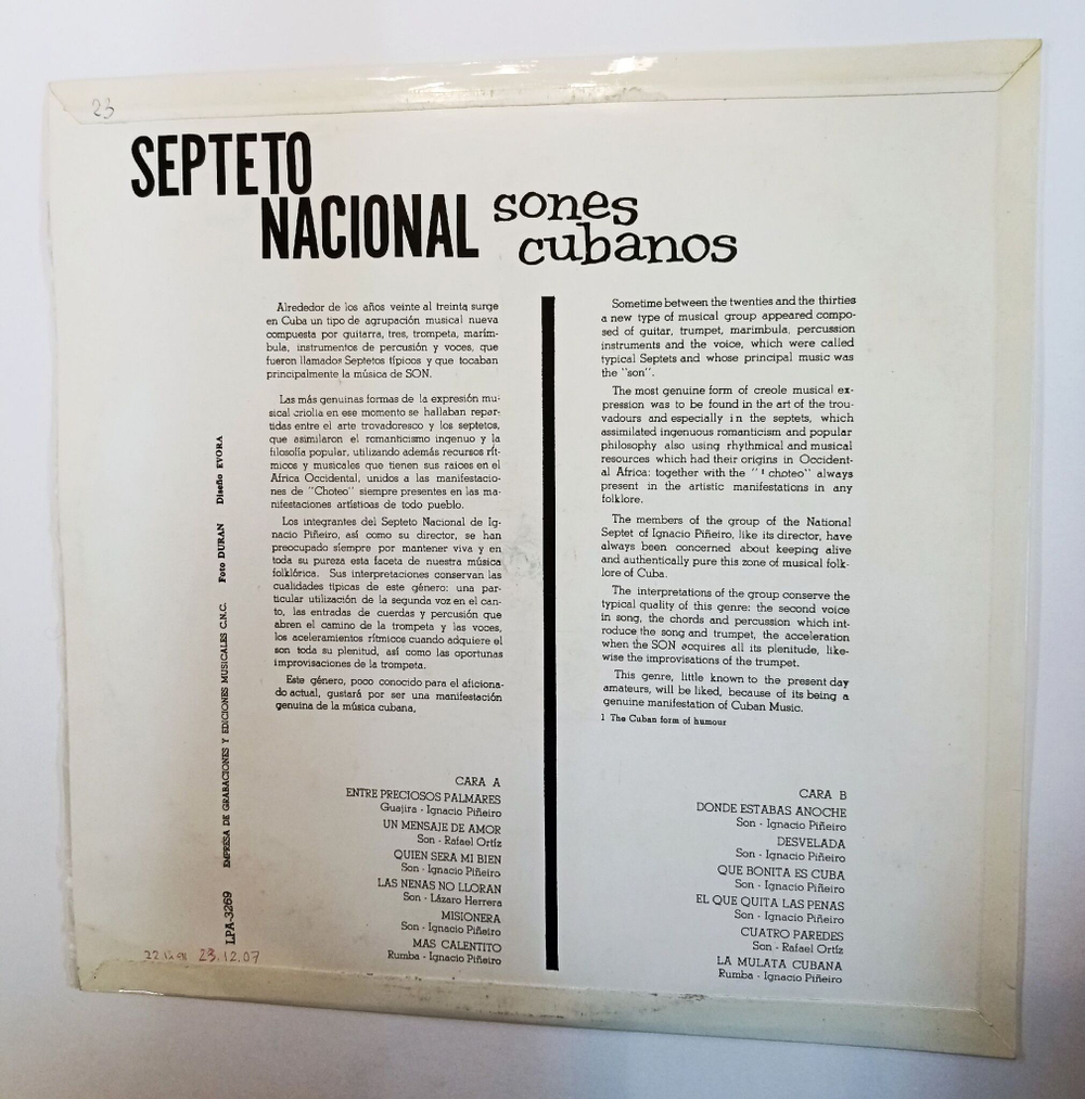 Винтажная виниловая пластинка LP Septeto Nacional Sones Cubanos (Cuba 1969)