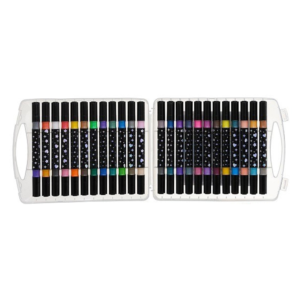 Фломастеры Basir, серия "Блёстки", разноцветные, двусторонние, в прозрачном пластиковом футляре, набор 24 шт