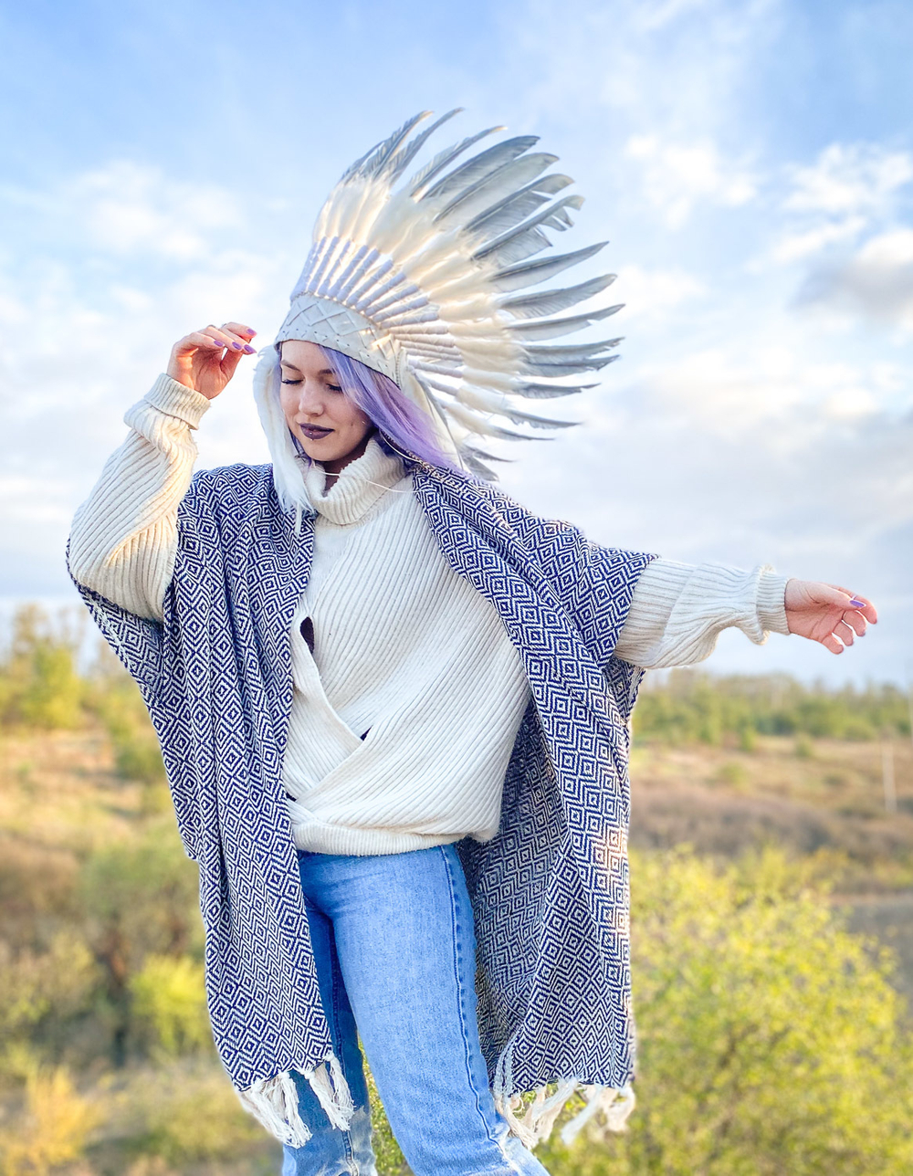 Бохо-накидка из фактурного хлопка (темно-синий/ромб)