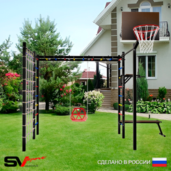 Уличная шведская стенка Sv Sport рукоход с комплектом турник прямой 2шт У5586К (Брусья/Скамья/Со спинкой/Щит баскет/Сетка)