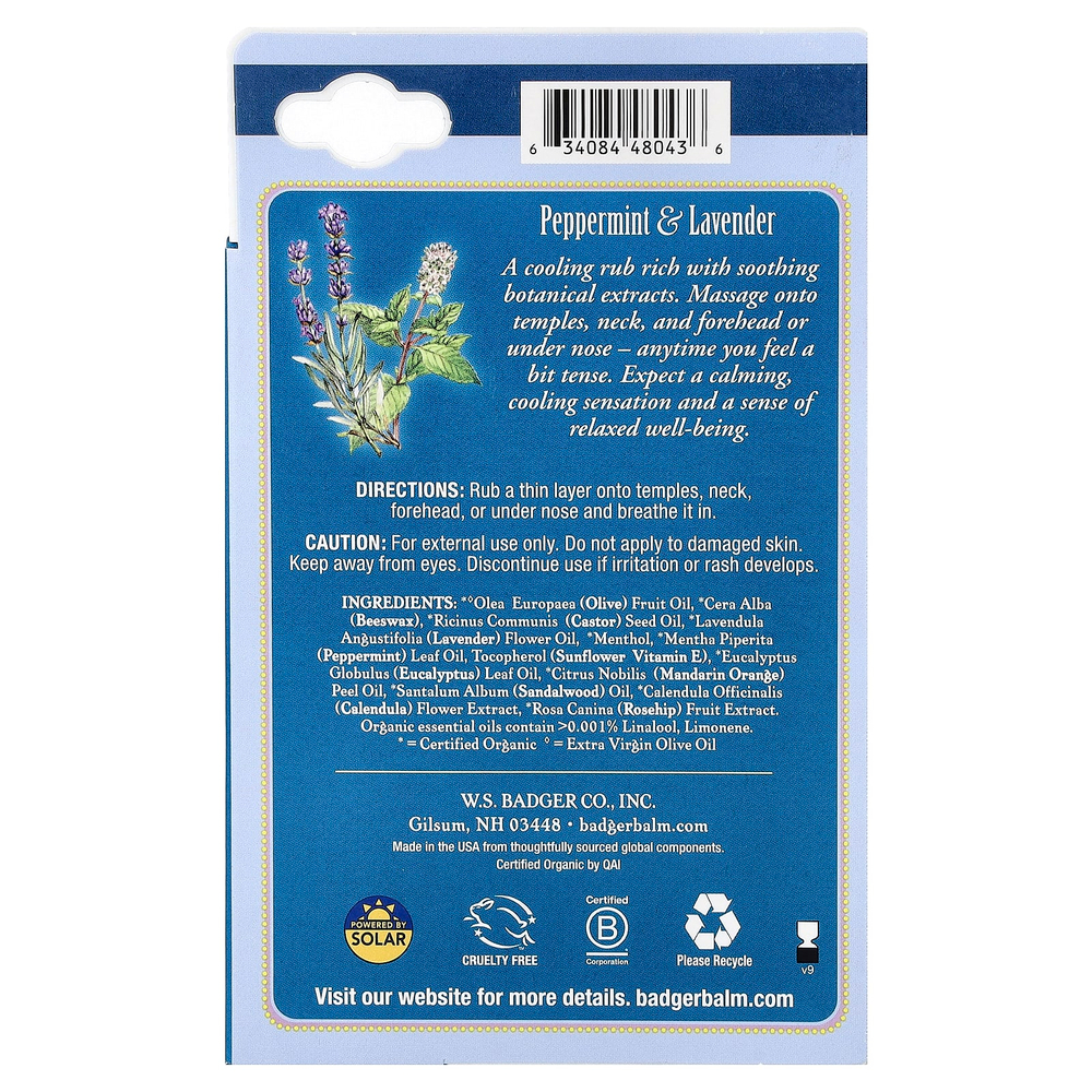 Badger, ароматерапия, средство от головной боли, перечная мята и лаванда, 17 г (0,60 унции)