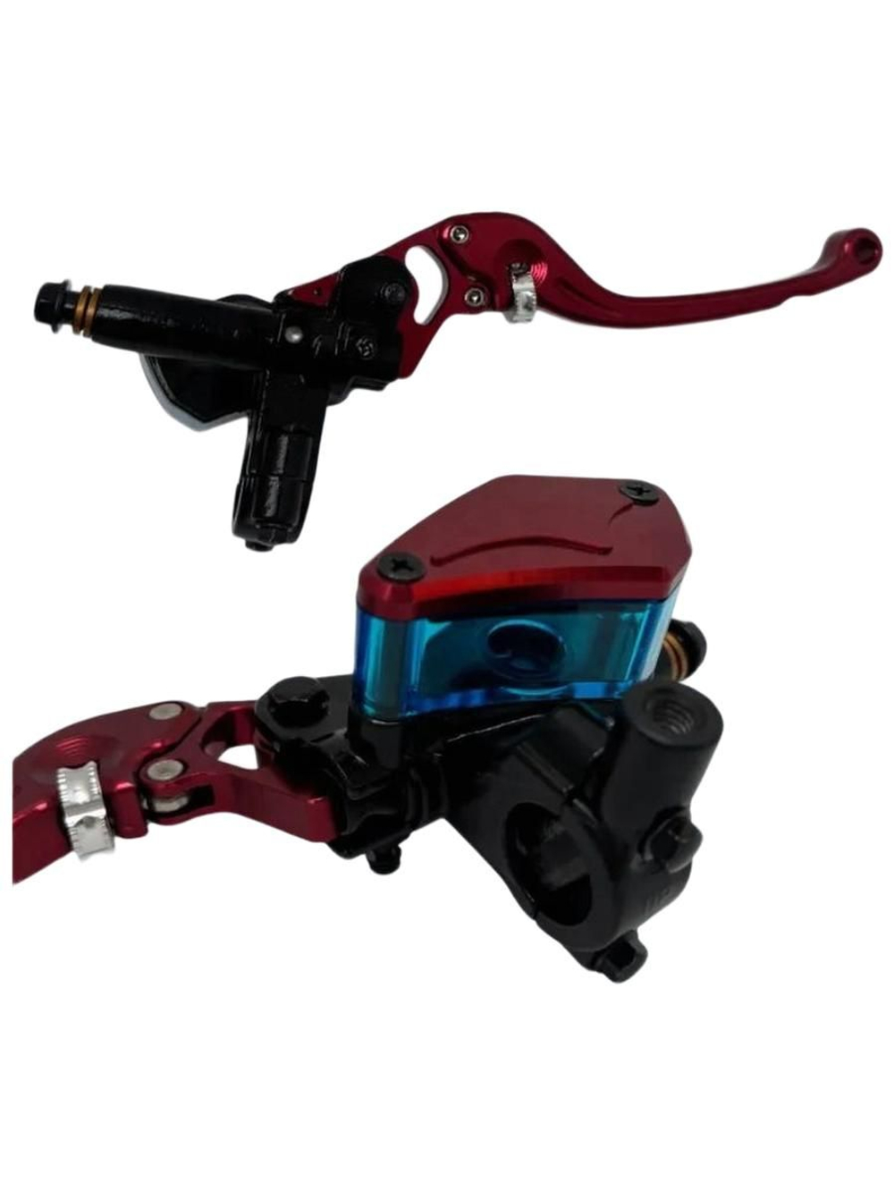 Ручка тормоза левая красная (перепускной болт М10) с креплением зеркала М8 для электровелосипеда