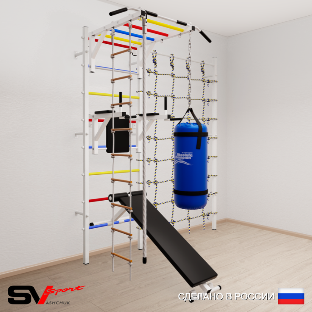 Шведская стенка Sv Sport усиленная 65510 (Турник рукоход/Брусья/Скамья/Канат/Лестница/Цепь/Мешок 15кг/Канатный лаз)