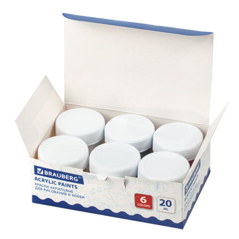 Краски акриловые для рисования и хобби BRAUBERG 6 цветов по 20 мл, 191601