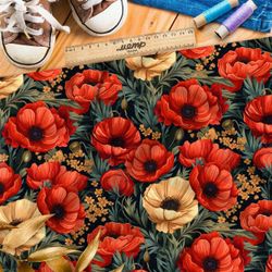 Ткань Ниагара Софт крупные маки на серых листьях
