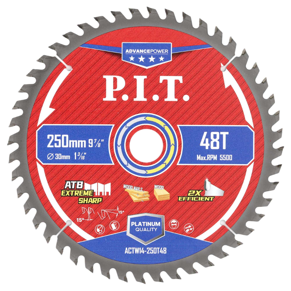 Диск пильный по дереву PIT  250x30x2,2 мм, 48T Carbide, зуб ATB 15° (ACTW14-250T48)