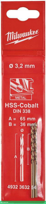 Сверло по металлу Milwaukee HSS-Co 3.2мм 2шт (4932363254)