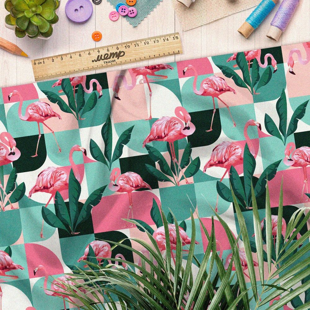 Ткань футер 2-х нитка фламинго в квадратах