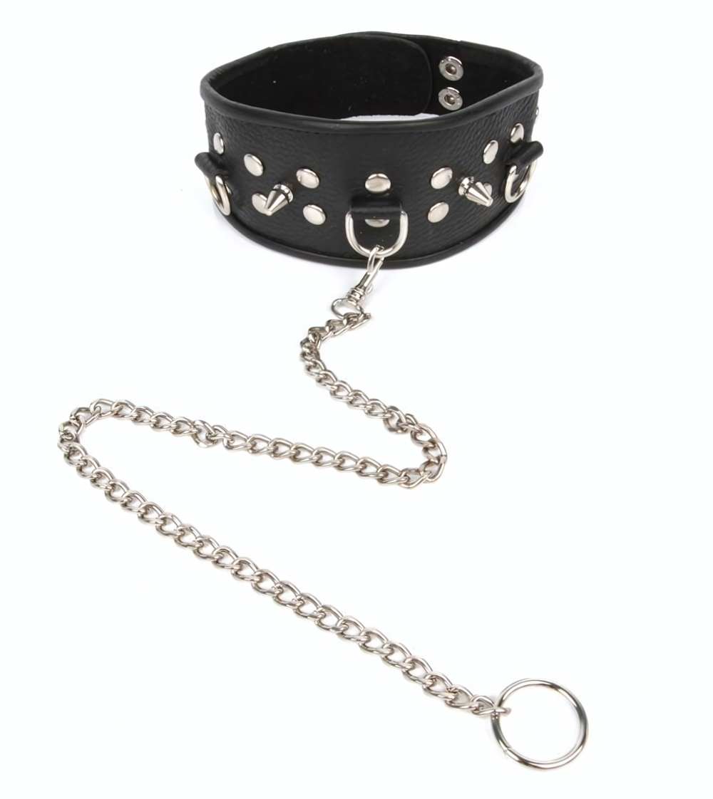 Черный ошейник с шипами и металлическим поводком-цепочкой (Цвет: черный)
