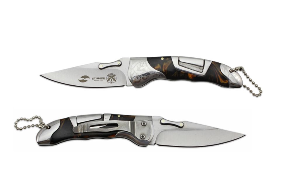 Мужской компактный классический складной нож с клипом на карман с клинком 75 мм и гладкой рукояткой в коробке Stinger C3951