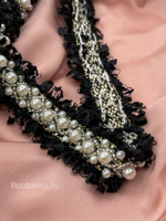 Тесьма твидовая черная с жемчугом и бисером