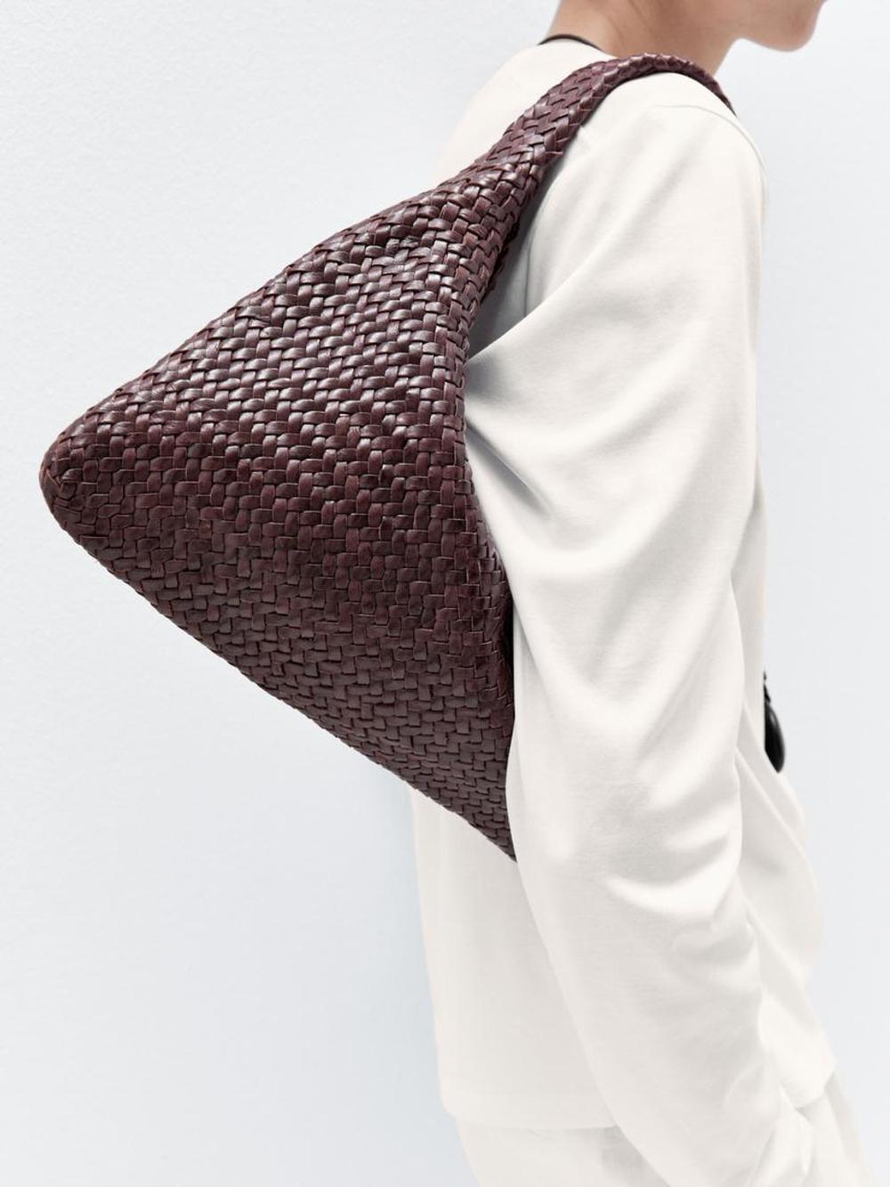 Massimo Dutti Плетеная сумка-шопер из кожи наппа, бургунди