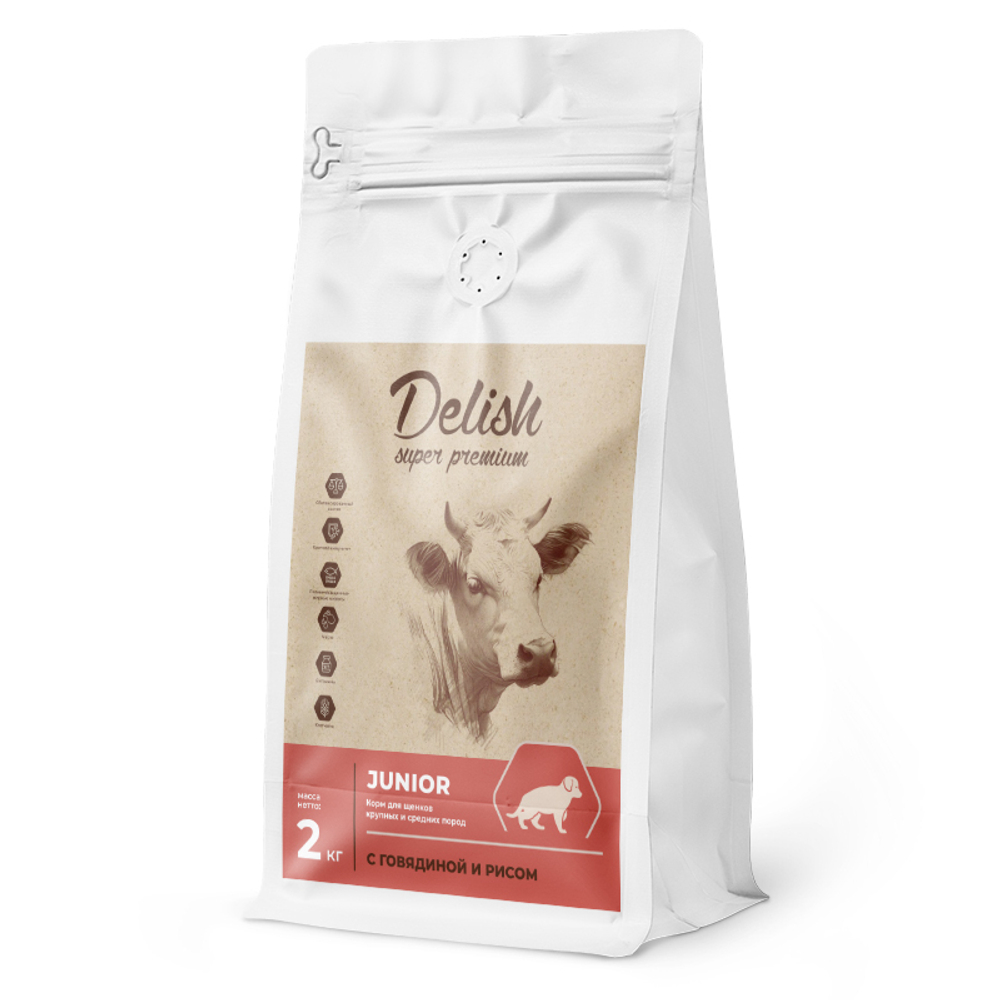 Сухой корм DELISH super premium для щенков средних и крупных пород с говядиной и рисом - 2 кг