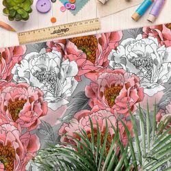 Ткань лен шикарные пионы