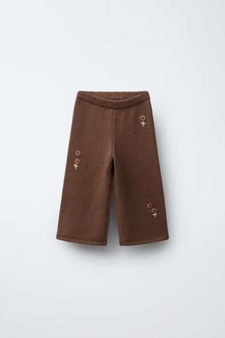 ZARA ТРИКОТАЖНЫЕ БРЮКИ С ВЫШИВКОЙ В ВИДЕ ЦВЕТОВ, ШОКОЛАДНЫЙ