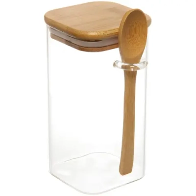 Банка для продуктов стеклянная 700мл «Хай-Тек» с бамбуковой крышкой и ложкой, квадратная 8*15см