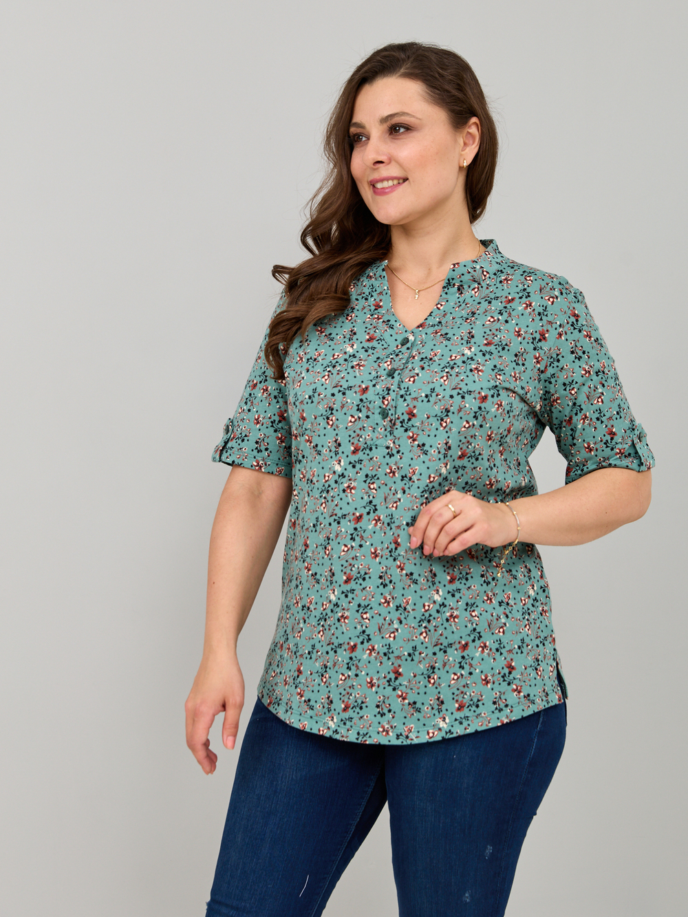 Блузка БЛ-122/шалфей-кораллцветы