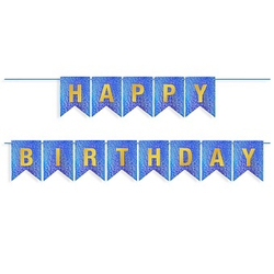 Гирлянда Флажки, Happy Birthday, Королевский синий/Золото, Голография, 350 см, 17*12 см.