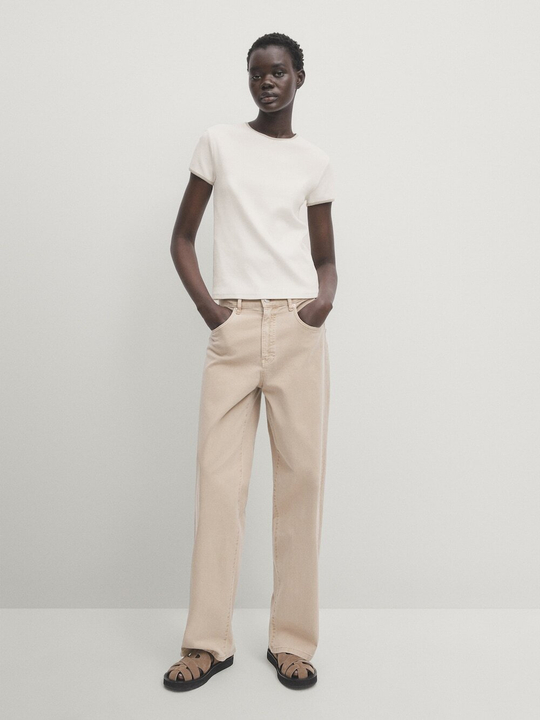 Massimo Dutti Футболка с контрастными деталями, натуральный, кремовый