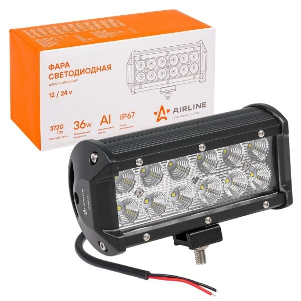 Фара светодиодная дополнительная 12 LED 36W (Балка) 12-24V 165*78*65 двухрядная, рассеянный свет (AIRLINE)