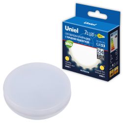 LED-GX53-7W-3000K+3000K-GX53-FR PLB02WH Лампа светодиодная. матовая. Теплый белый свет 3000K. Торцевая подсветка. Теплый белый свет 3000K. Картон. ТМ Uniel.