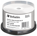 Оптический диск Verbatim BD-R SL 25GB 6X DataLifePlus Wide Inkjet Printable No ID, Spindle, 25 шт