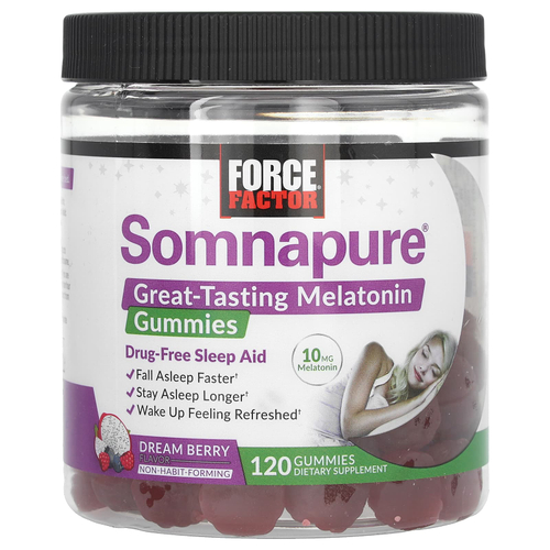 Force Factor, Somnapure®, вкусные жевательные таблетки с мелатонином, ягодный вкус, 120 жевательных таблеток (5 мг в 1 таблетке)