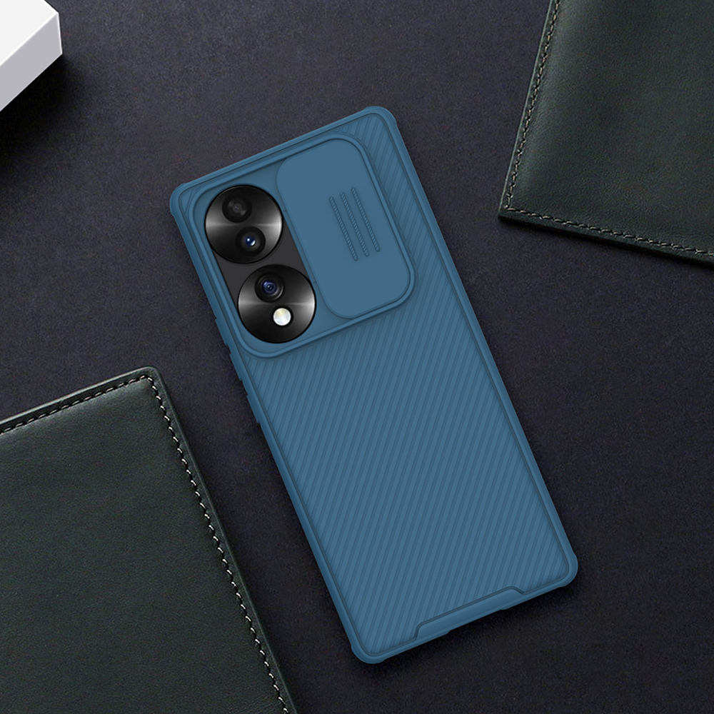 Двухкомпонентный усиленный чехол синего цвета для смартфона Huawei Honor 70 от Nillkin с защитной шторкой камеры, серии CamShield Pro Case