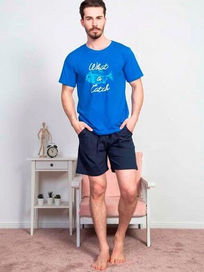 Мужской трикотажный комплект с принтованной футболкой (Размер: S) (Цвет: синий)