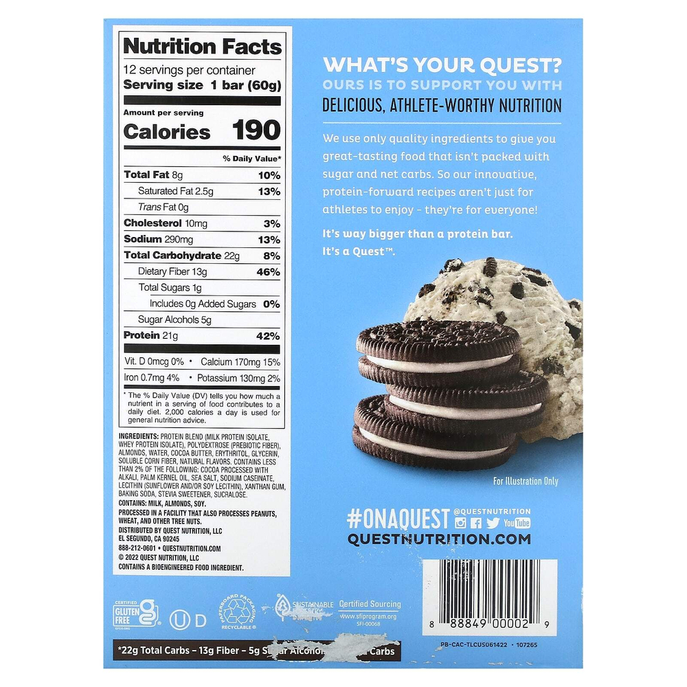Quest Nutrition, протеиновый батончик, со вкусом печенья и сливок, 12 батончиков, 60 г (2,12 унции) каждый