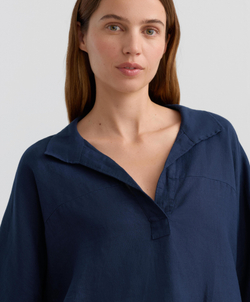 Oysho Рубашка свободного кроя с коротким рукавом из 100% льна, военно-морской